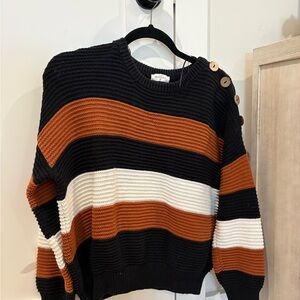 Sophie Rue Black, Rust & Cream Striped Crewneck Sweater with Shoulder Buttons